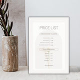 Flower price list template, white, beige, pink, creative florist shop, editable florist card, done for you, edit with Canva, printable