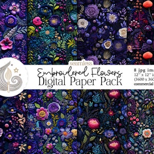 Seamless floral digital paper pack with embroidered flower pattern, dark navy and purple