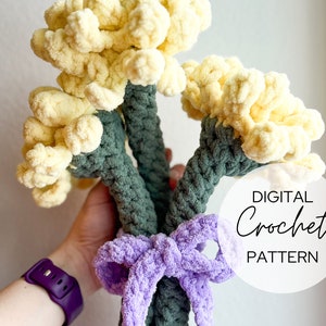 Digital PDF crochet dandelion pattern; cream petals, green stems, purple base shown.