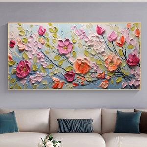 Colorful floral oil painting on canvas with layered pink, orange, and white blossoms, landscape