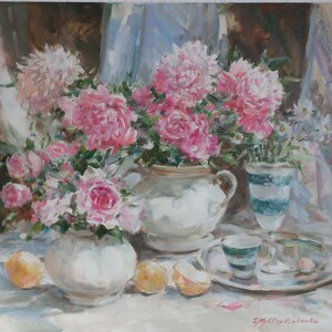 Oil painting of pink and white peonies in a white pitcher with teacups on a table
