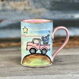 Pink Pickup Truck Mug, Porcelain Pottery Art Mug, Cute Coffee Mug with Purple Flower Delivery, by DirtKicker Pottery