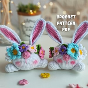Crochet amigurumi bunny gnome pattern PDF, pastel flowers and textured ears
