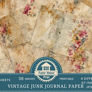 Vintage junk journal paper pages with red floral and vintage script text, printable set