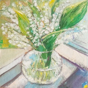 Floral still life oil painting with lily of the valley in a clear glass vase