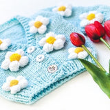 LB018 - Sweater Cardigan With 3D Puff Daisy Flower,  Girl Coat, Handmade gift