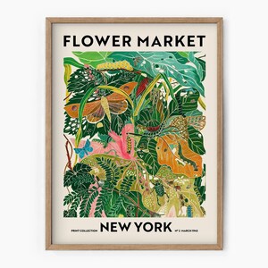 Framed floral wall art poster with green leaves and flowers; 'FLOWER MARKET' and 'NEW YORK'.
