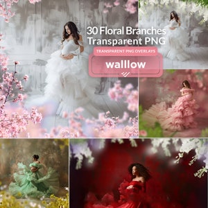 Floral branch backdrop overlay set with pink blossoms for photos, transparent PNGs
