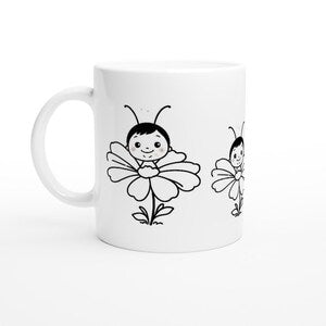 White kids mug with black line-art bunny, flower, and bee illustration on front