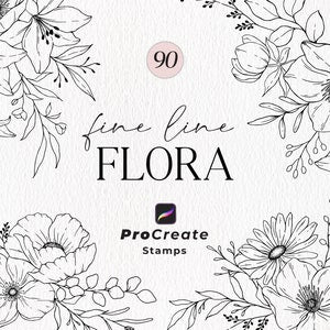 Procreate stamp set cover with fine-line floral flowers, leaves, and 90 Flora stamps