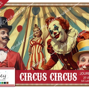 Retro digital journal kit with Circus Circus cover, clowns and striped tent scene