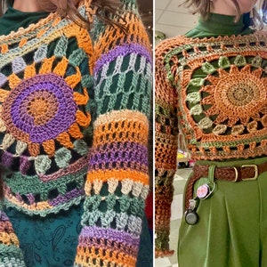 Multicolor crochet sweater with circular flower motifs and striped granny squares