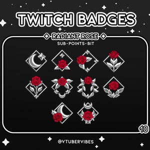 Set of 10 Twitch sub badges with red rose icons and radiant silver style