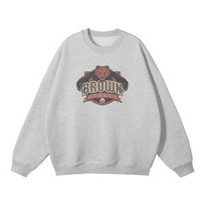 Light gray fleece crewneck pullover with brown vintage bear logo graphic