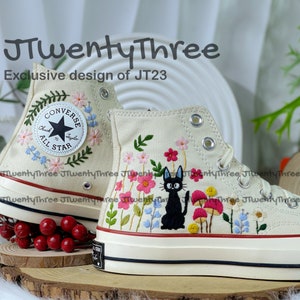 Jiji Cat Embroidered Converse, Ghibli Jiji Embroidered, Kiki and Jiji Embroidered Converse, Anime-inspired, Embroidered Jiji Cat Converse