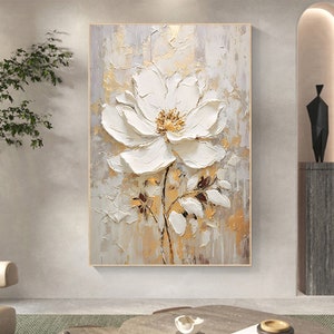 Large canvas wall art with white and gold floral oil painting, abstract brushstrokes