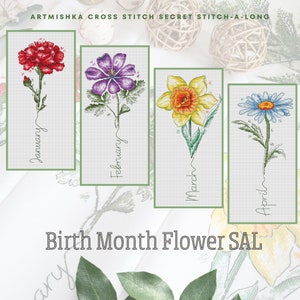 Cross-stitch birth month flower chart set with red, purple, yellow blooms and a blue daisy.