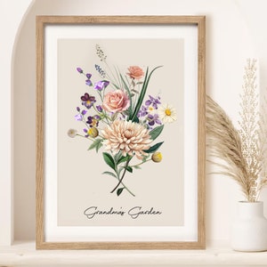 Framed floral birth flower bouquet print in a light wood frame