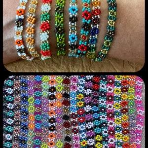 Adjustable beaded flower bracelets, multicolor woven bead patterns