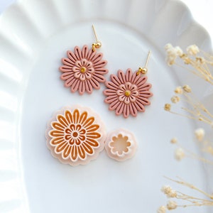 Polymer clay flower earrings, pink and cream, with gold hooks