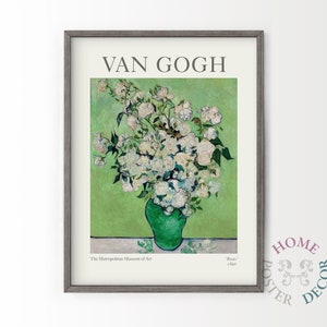 Framed wall art print: green vase with white and pale green flowers, Van Gogh