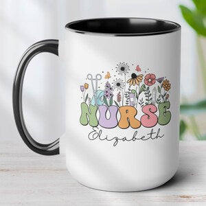 White nurse mug with floral Nurse lettering and personalized name Elizabeth, black handle