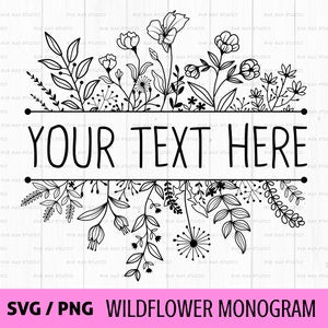 Floral wildflower border SVG with monogram-style frame, black line art for text placement.