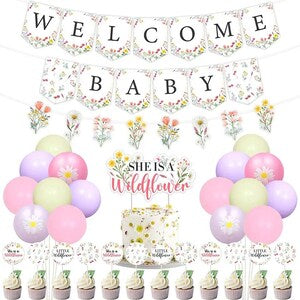 Baby shower party kit with welcome banner, 'BABY' garland, and pastel balloons