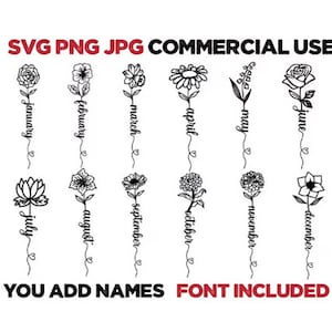 Floral birth month line icons SVG set, with month-name labels and small bouquet elements