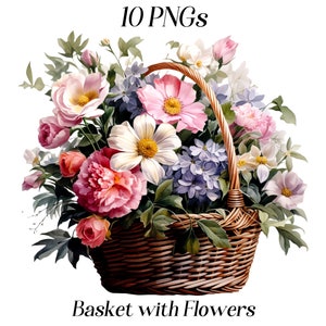 Watercolor-style basket of flowers clipart, pink and purple blooms with green leaves