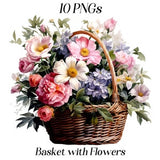 Watercolor basket with flowers clipart, 10 high quality JPEG and PNG files, floral clipart, card making, scrapbooking, printables