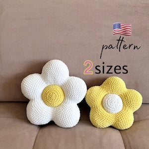 Set of two crochet flower pillows: white daisy with yellow center and yellow flower