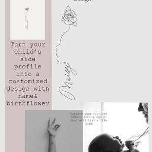 Minimal birth flower side-profile tattoo design, thin line art with name script