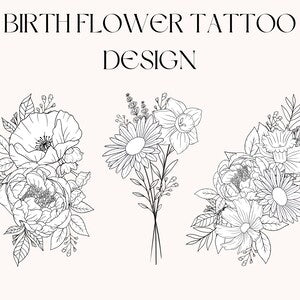 Floral tattoo design line art with wildflowers, bouquets, and stems in black outline