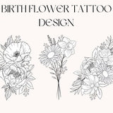 Custom Birth Flower Tattoo, Wildflower Tattoo Design, Custom Floral Tattoo, Custom Family Tattoo, Birthday Flower Tattoo, Birth Month Tattoo