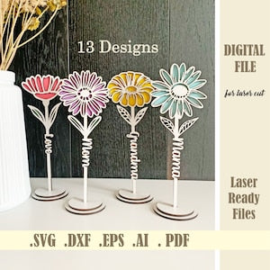 SVG Standing Daisy Laser Cut file, Wooden Flower With Stand svg, Florals MotherÕs day gift, Personalizable Mothers Day 3D Mum Flower