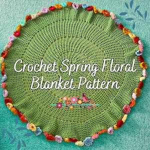 Green crocheted round blanket pattern with multicolor floral border and scalloped edge