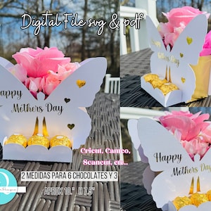 Butterfly flower box with white cutout lid, golden stems, pink foam flowers, 'Happy Mothers Day'