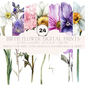 Watercolor birth flower digital print set with purple, pink, and yellow blooms and green stems