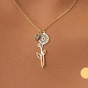 14K gold birth flower necklace with birthstone charm and delicate stem pendant