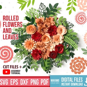 Rolled flower SVG & leaf SVG bundle - Rolled Flower svg, Paper Flower Templates, 3d flower svg files for Cricut, Cameo, Hand Cut