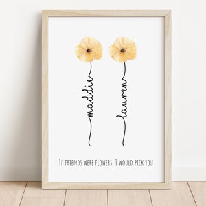 Framed friendship print: two yellow flowers on stems with quote underneath