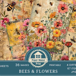Floral bees and flowers printable digital paper collage sheets, vintage ephemera style