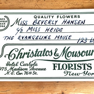 Vintage florist delivery address tag with Christatos & Mousouris text and Hotel Carlyle