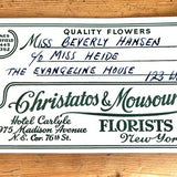 Hotel Carlyle New York  Christatos & Mousouris Florists Delivery Address Tag 1950's