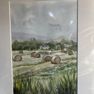 Farm landscape art print with hay bales in a rural field and houses