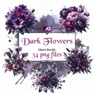 Dark flowers clipart bundle with purple and pink bouquets, wreath frame, 34 PNG files