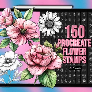 Procreate flower stamp pack with pink and white blossoms and daisy-style flowers