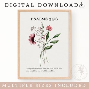 Psalm 34:6 flower wall art print with pink blossoms and botanical leaves