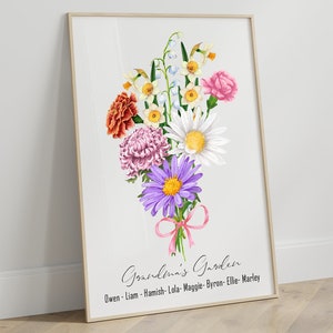 Framed birth-flower portrait print with colorful bouquet and cursive names